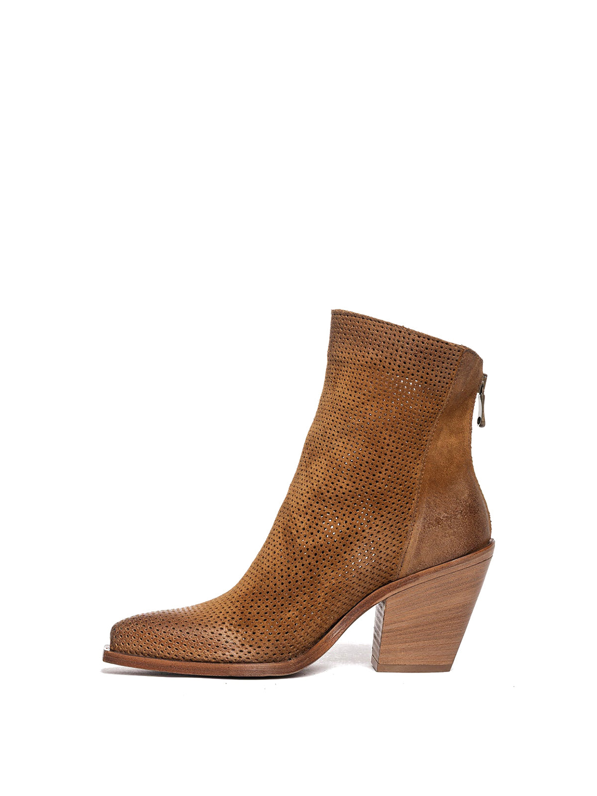 Brown Faux Suede Snip-Toe Perforated Back Full-Zip Ankle Cowgirl Boots