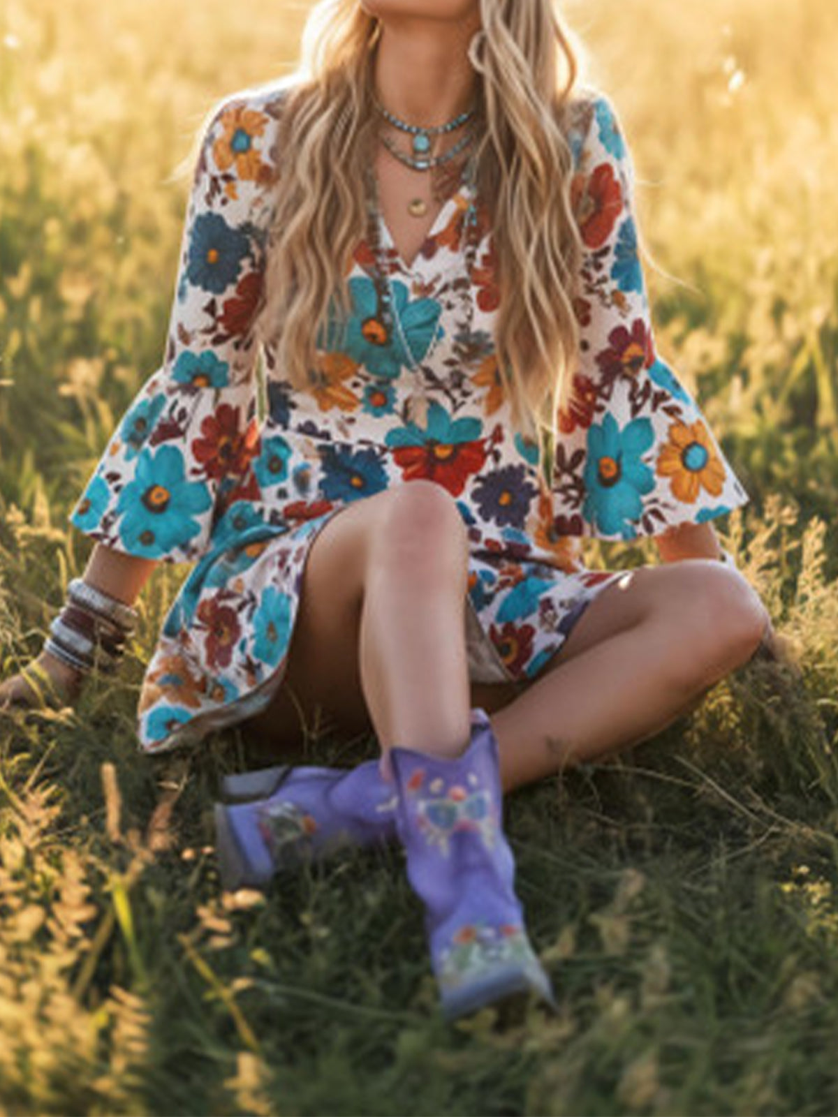 Violet Purple Round-Toe Colorful Florals Ankle Cowgirl Boots