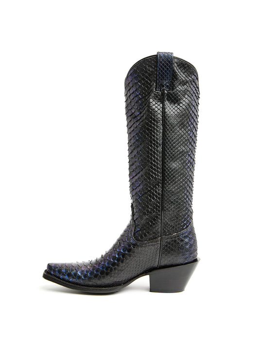 Blue Snakeskin Print Snip-Toe Sleek Wide Calf Knee High Cowgirl Boots
