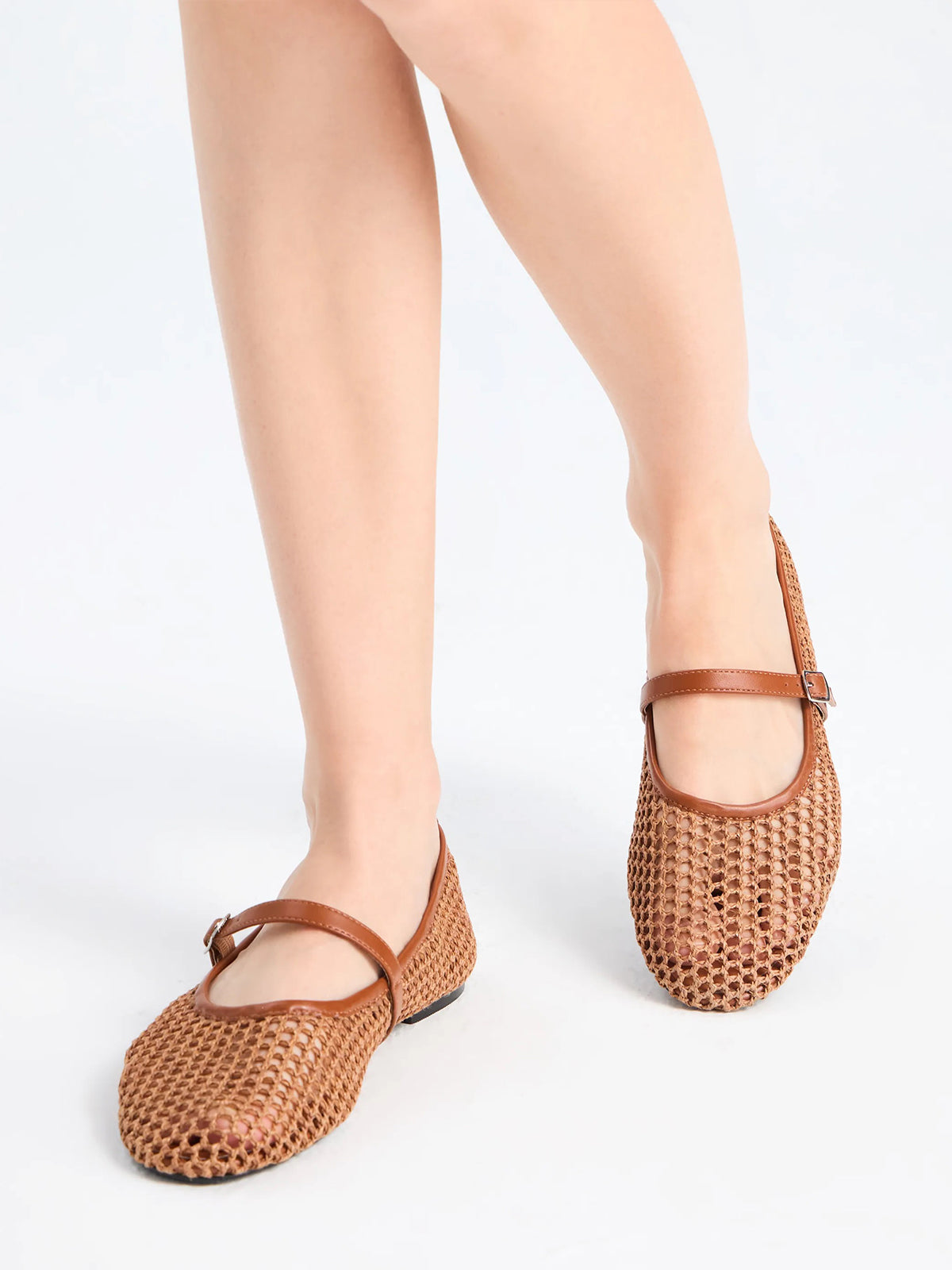 Brown Grass Woven Round-Toe Buckle Mary Jane Chic Flats