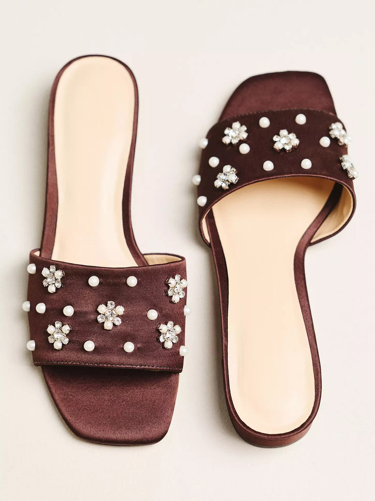 Brown Satin Square-Toe Pearl And Rhinestones Flower Applique Slide Sandals Flats