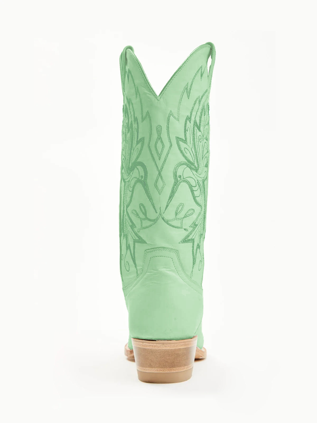 Светлозелени каубойски ботуши с бродерия от птици и къси пръсти до средата на прасеца