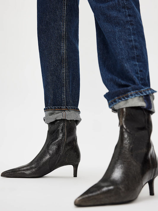 Distressed Black Pointed-Toe Full-Zip Ankle Stiletto Boots