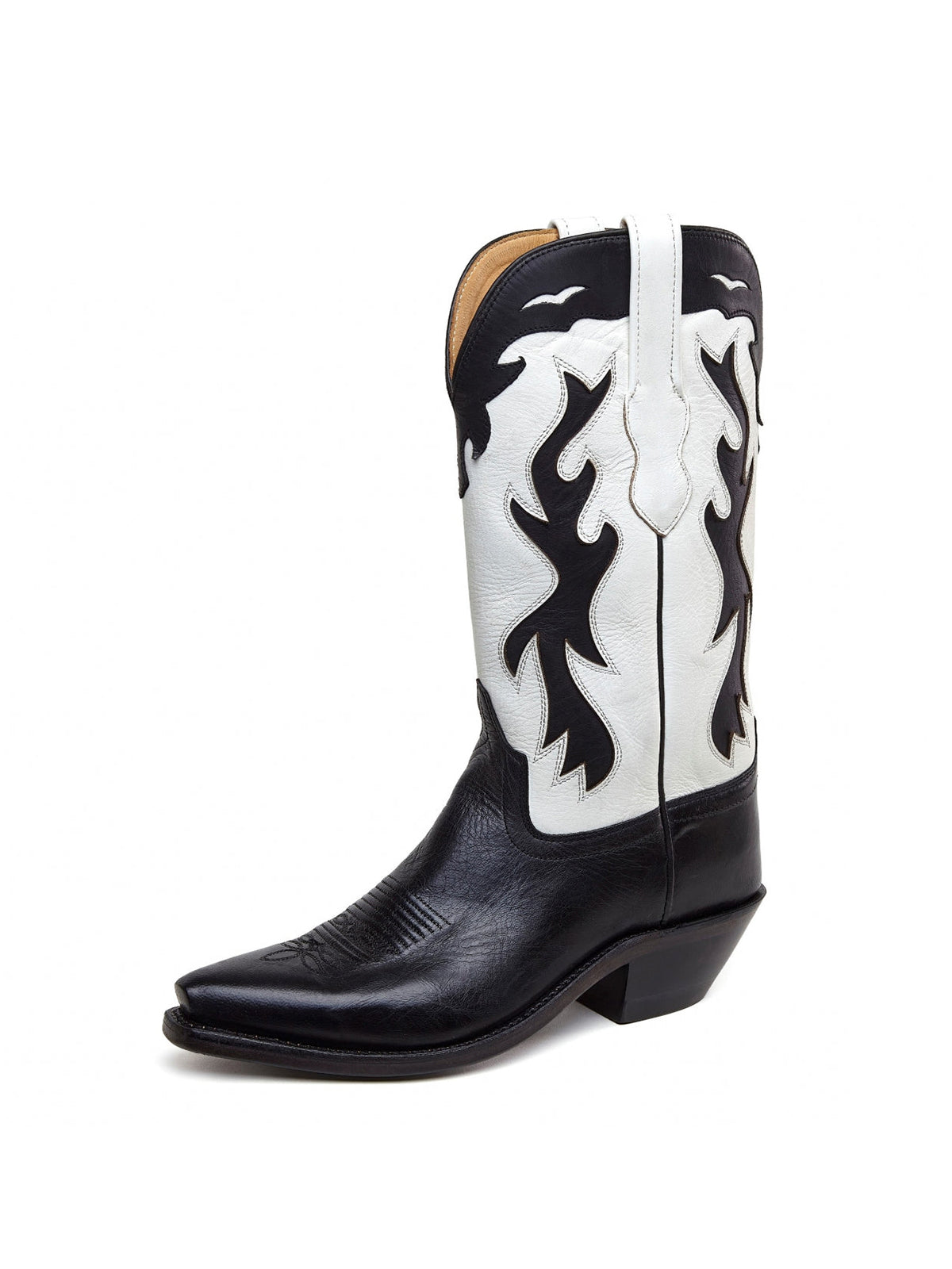 Black And White Snip-Toe Flame Embroidery Mid Calf Cowgirl Boots