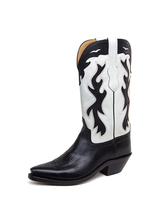 Black And White Snip-Toe Flame Embroidery Mid Calf Cowgirl Boots