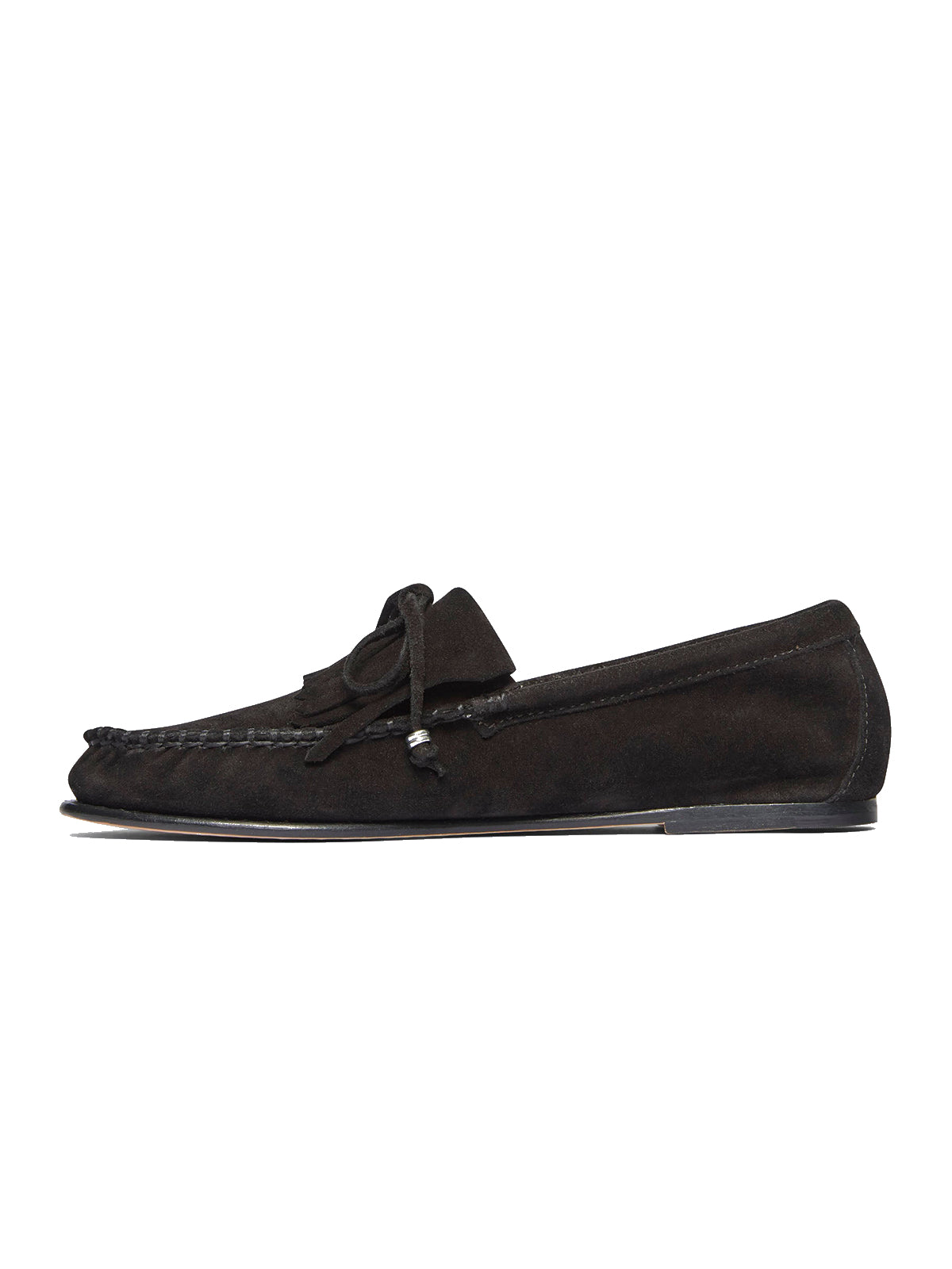 Black Cow Suede Round-Toe Front Bow And Fringe Flats