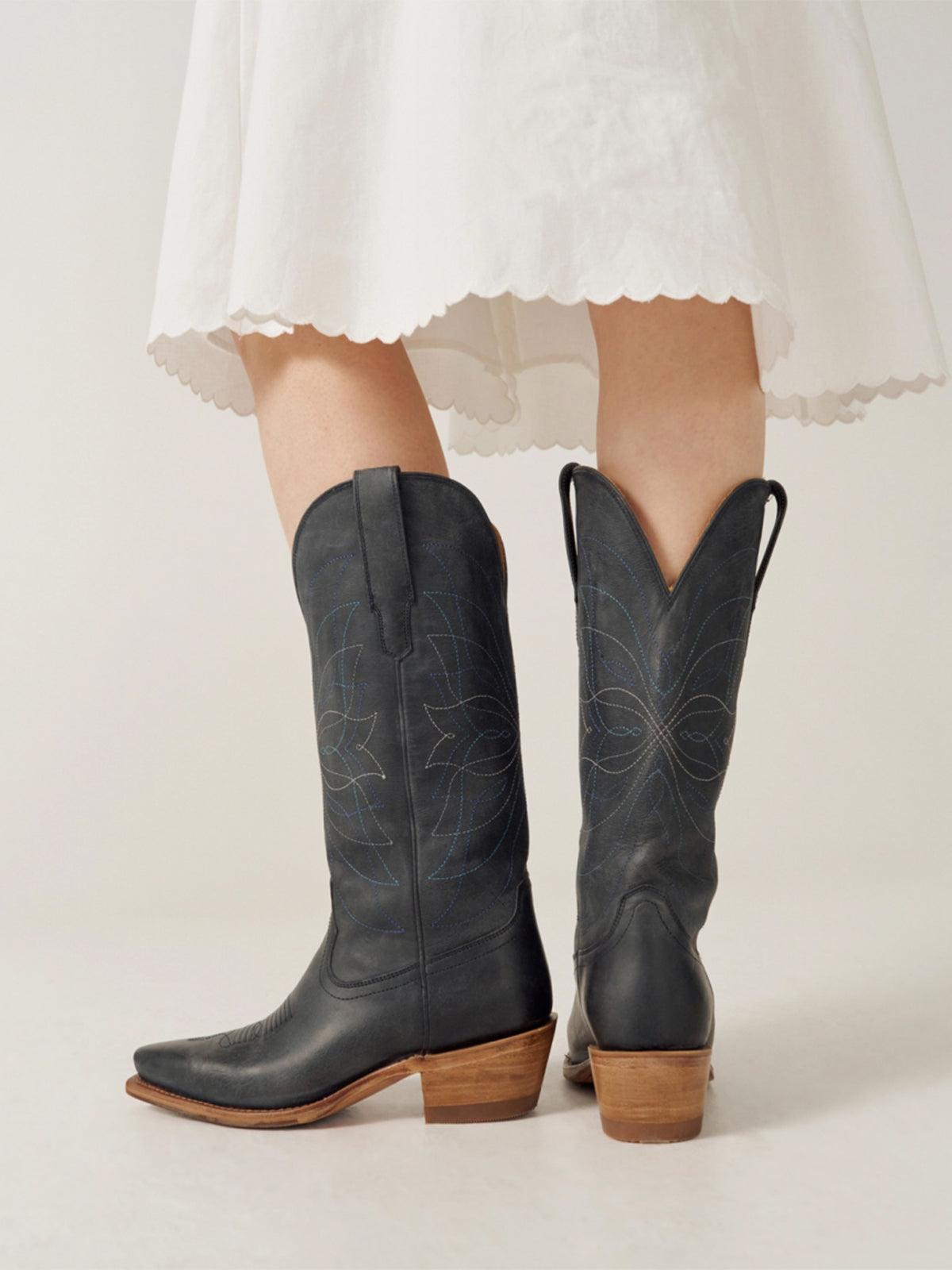 Navy Blue Snip-Toe Stitch Classic Wide Calf Knee High Cowgirl Boots