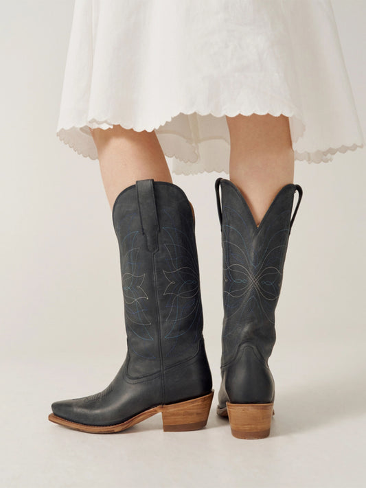 Navy Blue Snip-Toe Stitch Classic Wide Calf Knee High Cowgirl Boots