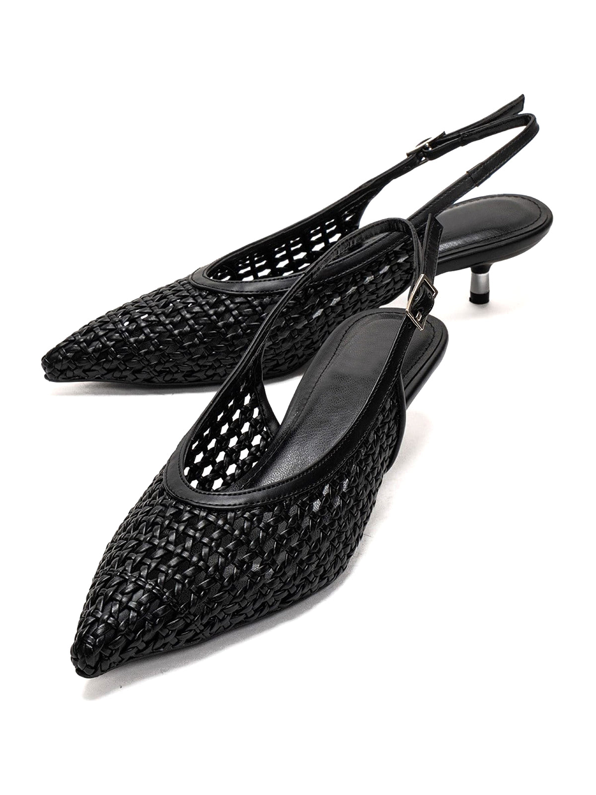 Black Woven Vegan Leather Pointed-Toe Classic Back Strap Pumps Kitten Heels