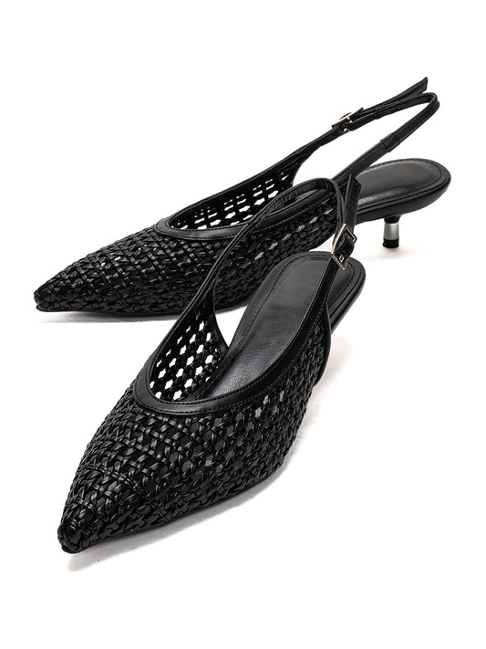 Black Woven Vegan Leather Pointed-Toe Classic Back Strap Pumps Kitten Heels