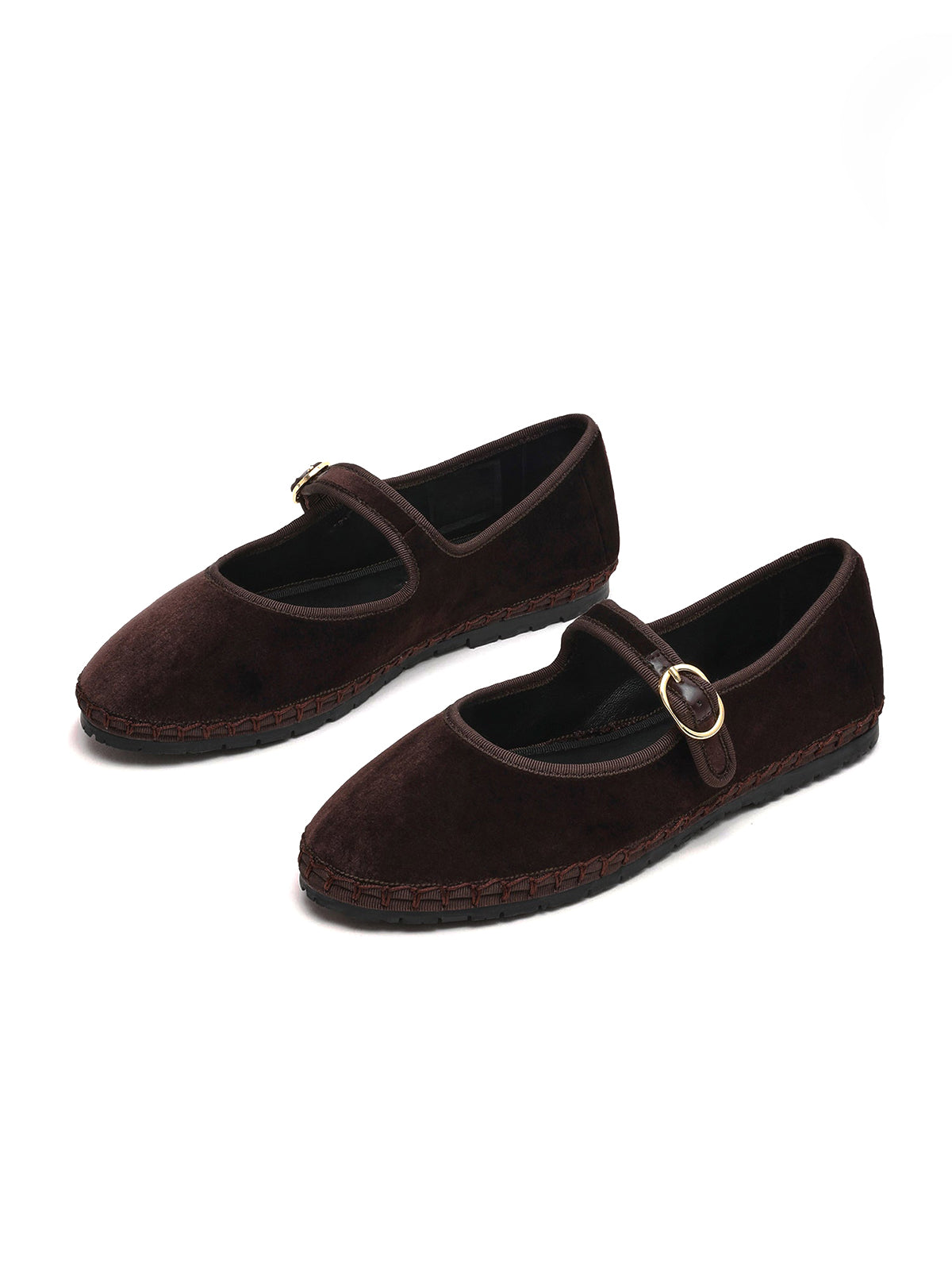 Brown Velvet Round-Toe Buckle Mary Jane Chic Flats