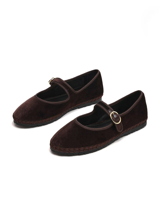 Brown Velvet Round-Toe Buckle Mary Jane Chic Flats