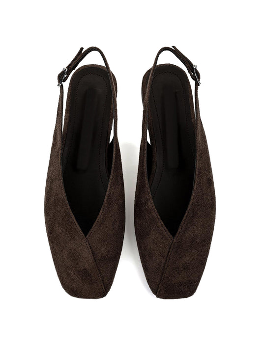 Coffee Faux Suede Square-Toe Classic Buckle Back Strap Slip-On Flats