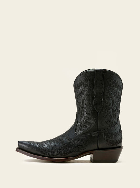 Full-Zip Snip-Toe Mid Calf Embroidery Cowgirl Boots - Black