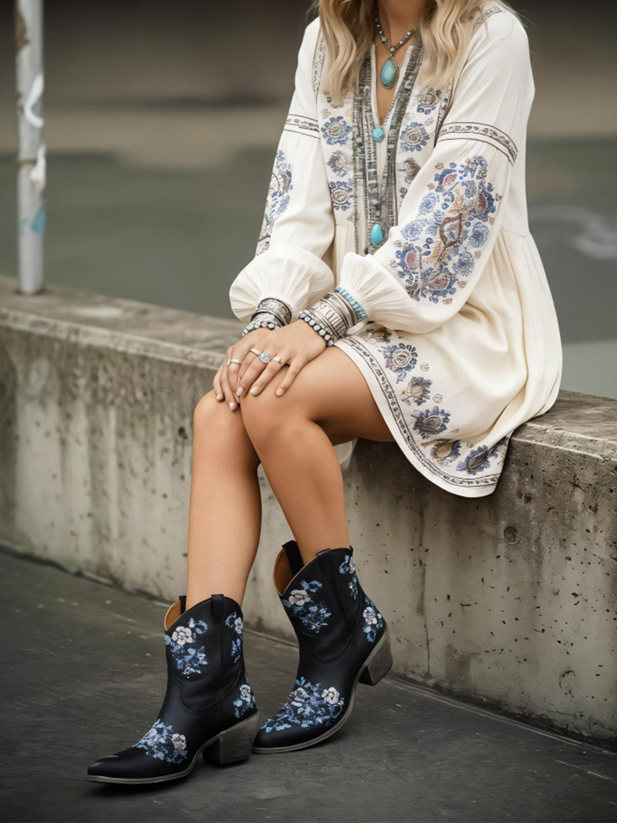 Navy Blue Round-Toe Colorful Florals Ankle Cowgirl Boots