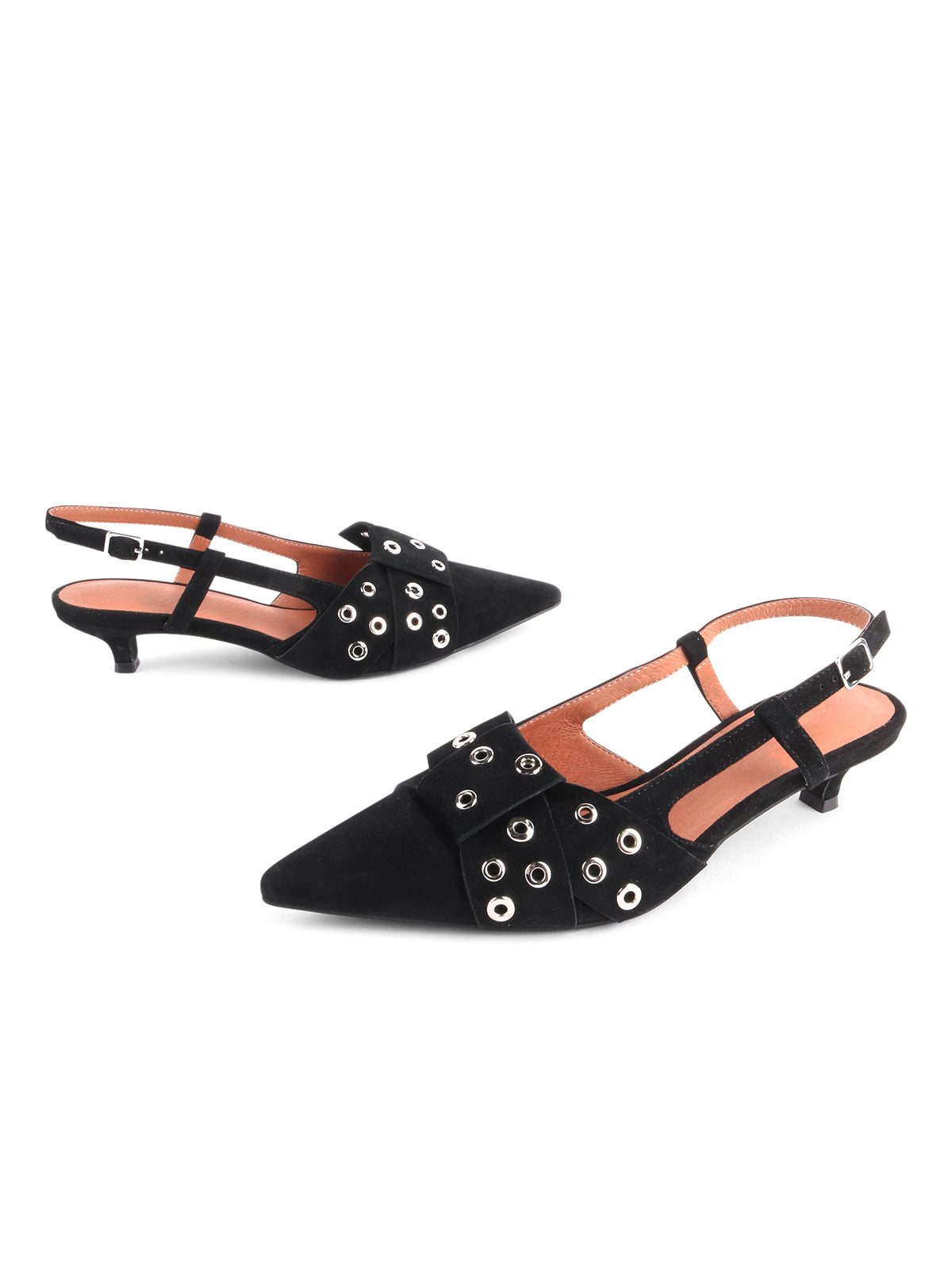 Black Faux Suede Pointed-Toe Front Eyelets Back Strap Kitten Heels