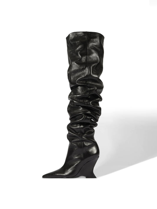 Black Pointed-Toe Slouch Wide Calf Knee High Tall Boots For Women