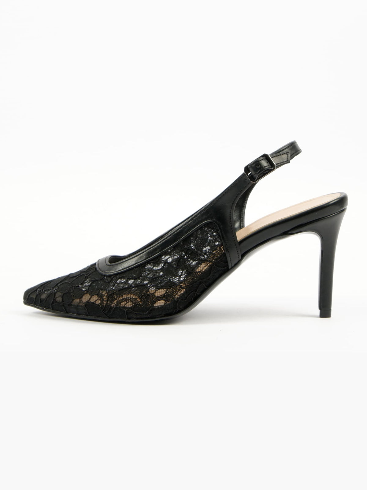 Black Lace Mesh Pointed-Toe Classic Back Strap Chic Kitten Heels