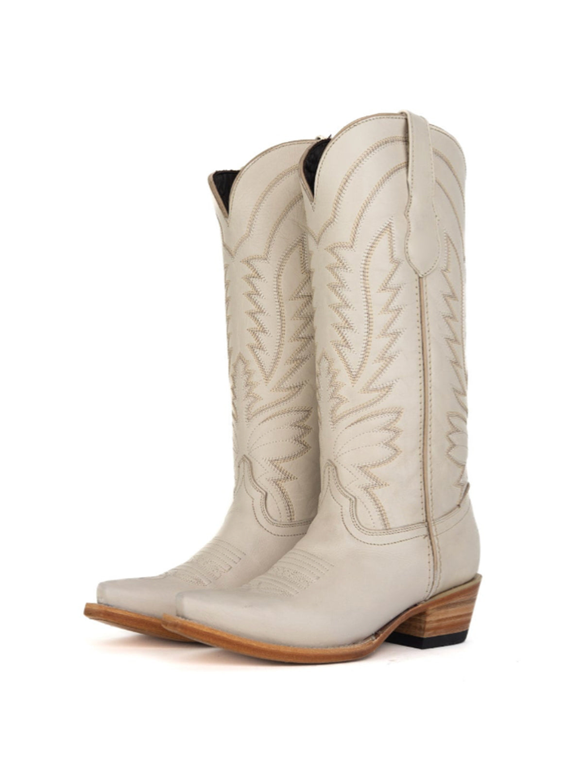 Snip-Toe Sleek Embroidery Wide Calf Knee High Cowgirl Boots For Woman - Beige