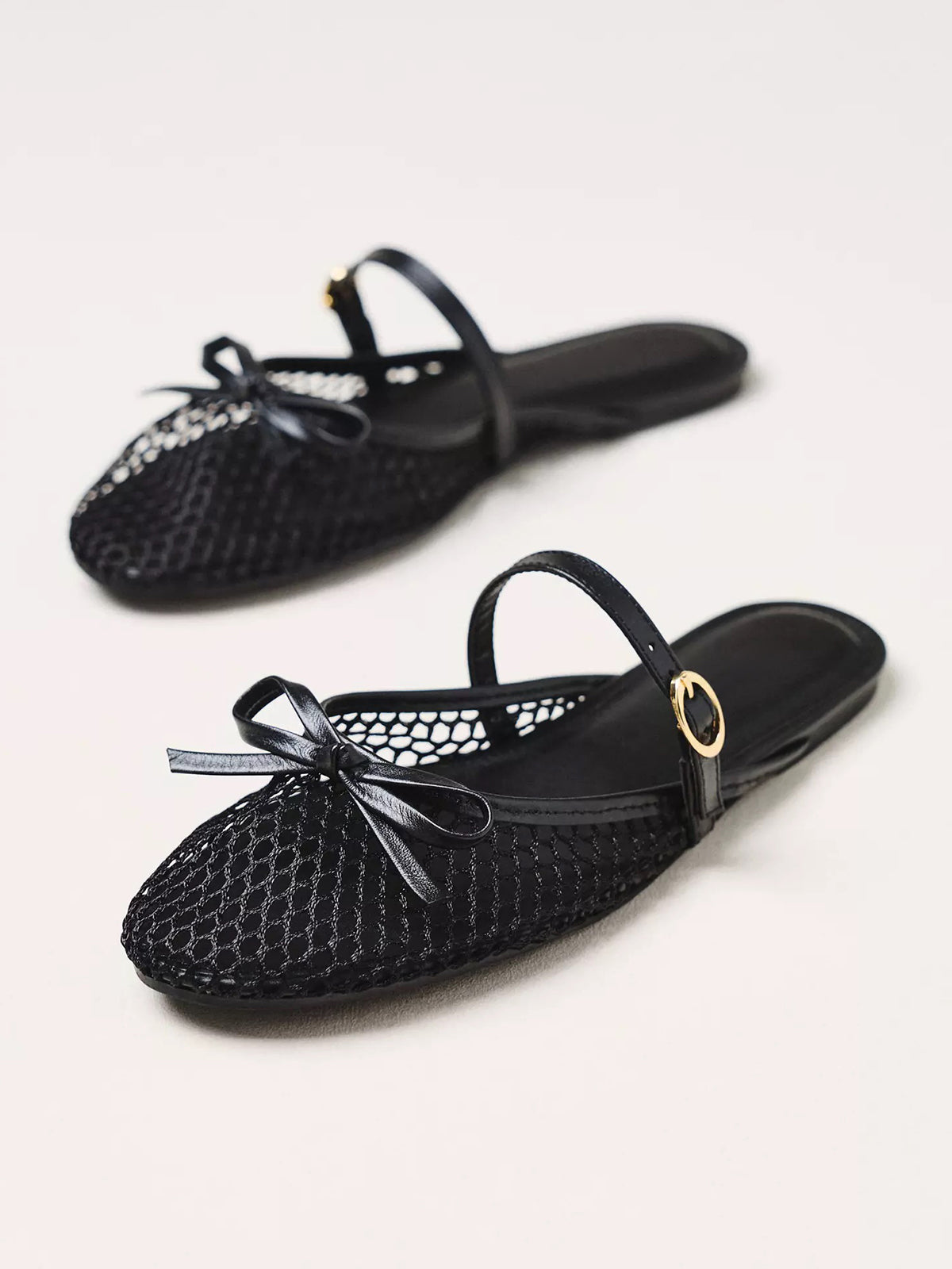 Black Mesh Round-Toe Front Bow Mary Jane Mules Flats