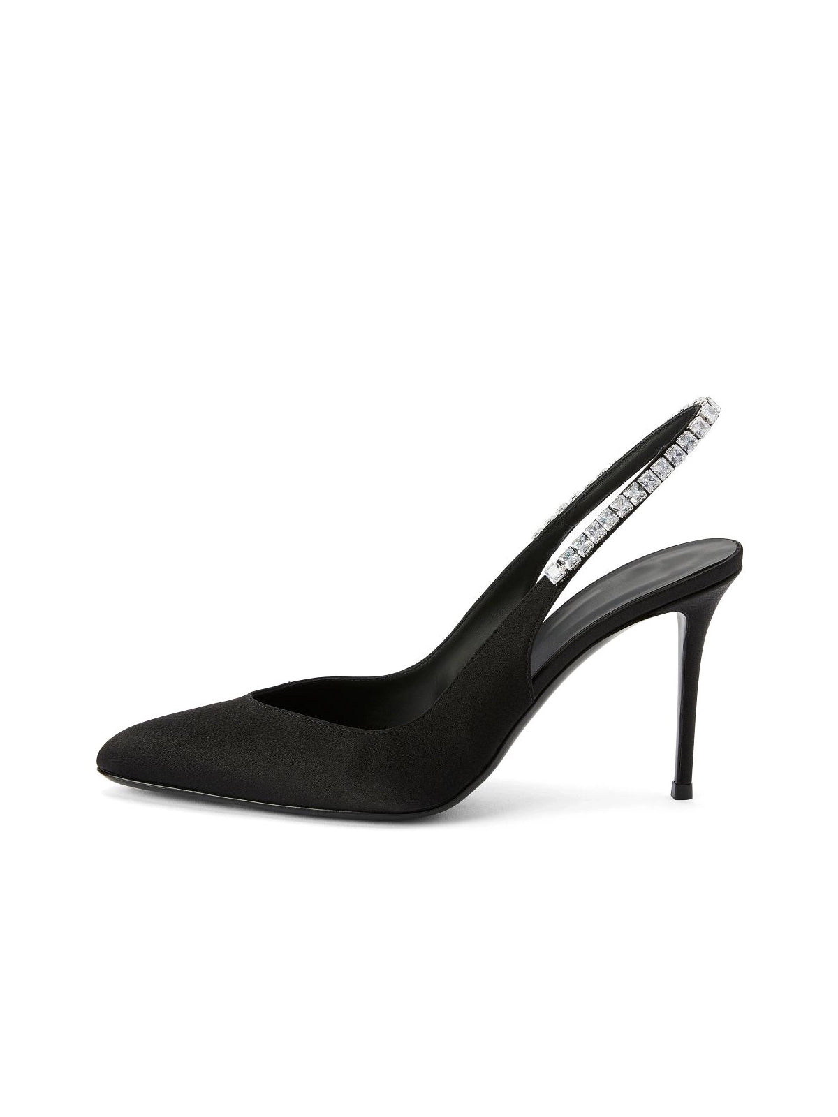 Black Satin Pointed-Toe Slingback With Rhinestones High Heels Pumps