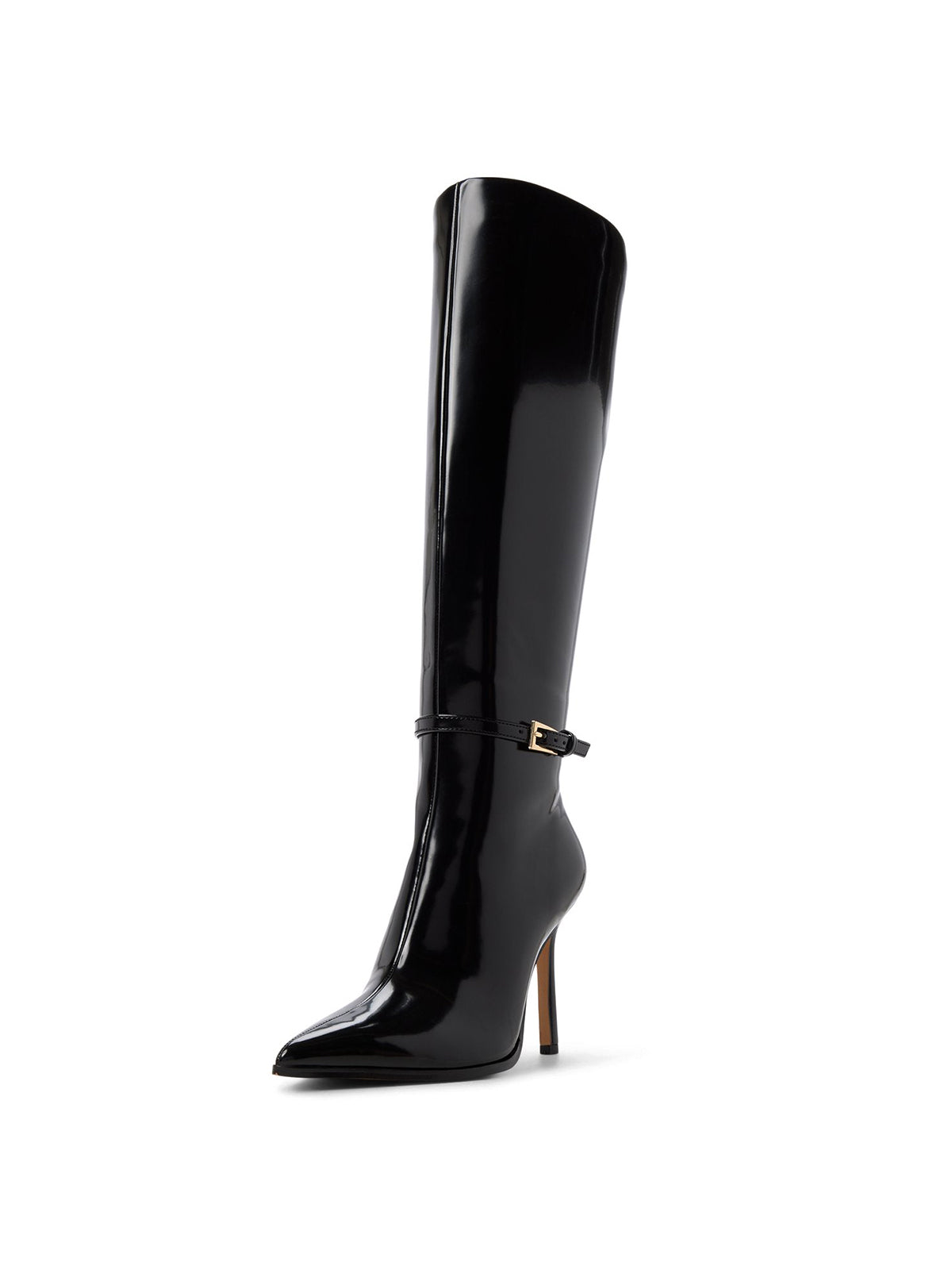 Patent Black Pointed-Toe Buckle Strap Full-Zip Knee High Stiletto Boots