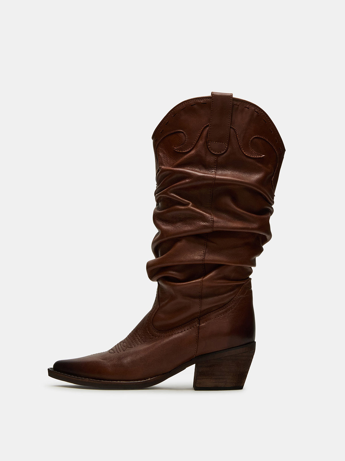 Cognac Pointed-Toe Scrunched Tall Knee High Wide Calf Cowgirl Boots