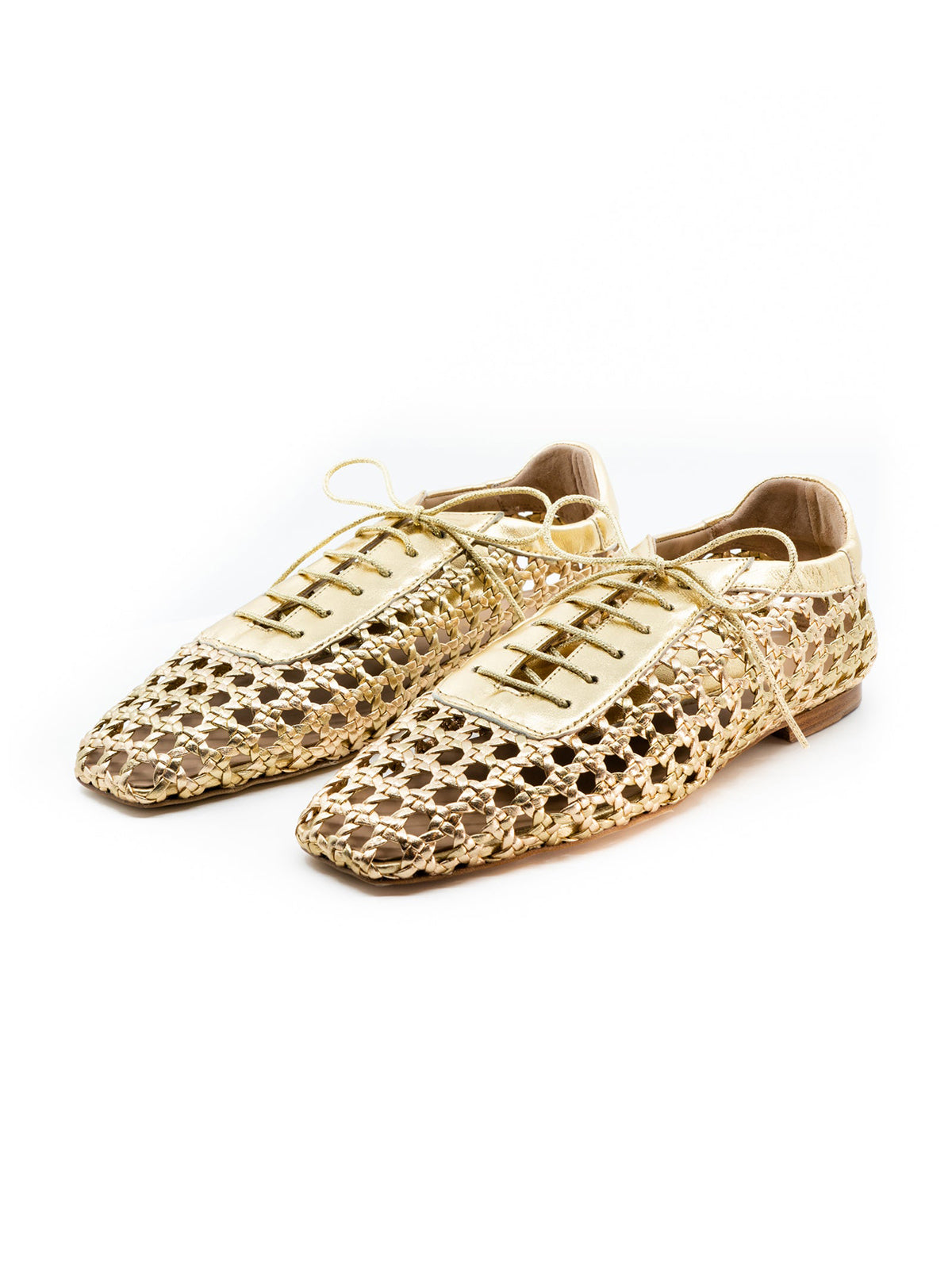 Metallic Gold Woven Vegan Leather Square-Toe Chic Lace-Up Flats