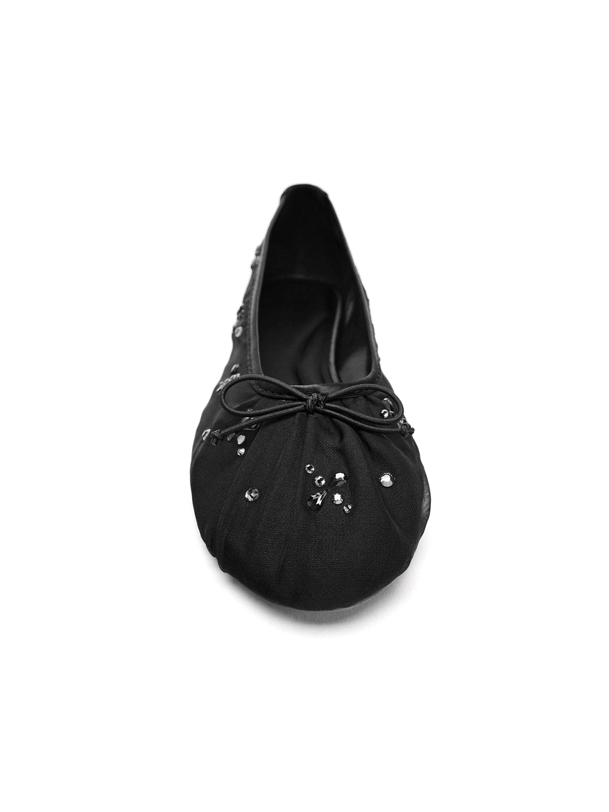 Black Mesh Round-Toe Crystals Ballet Flats With Front Bow