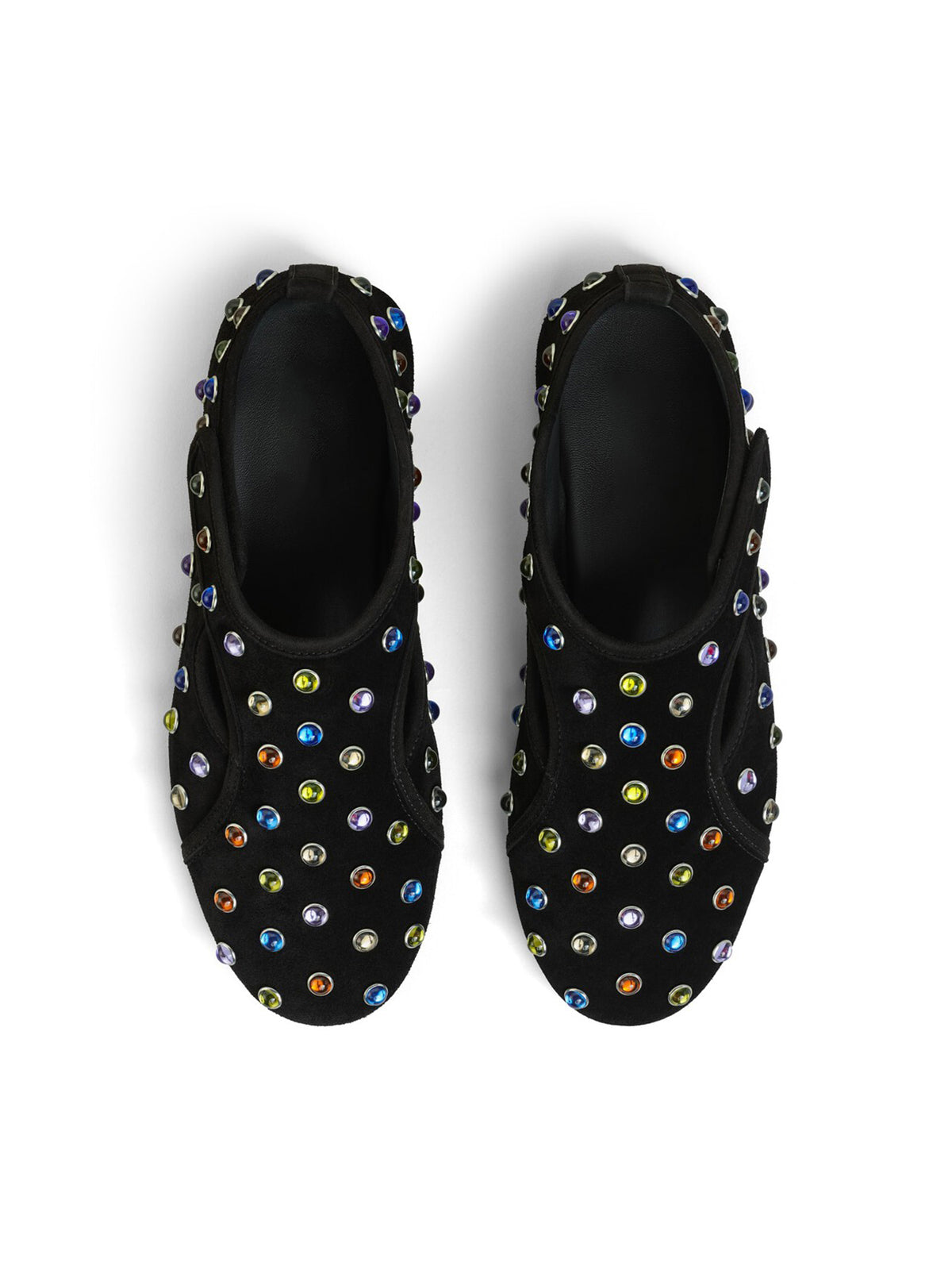 Black Faux Suede Round-Toe Ballet Flats With Colorful Beads