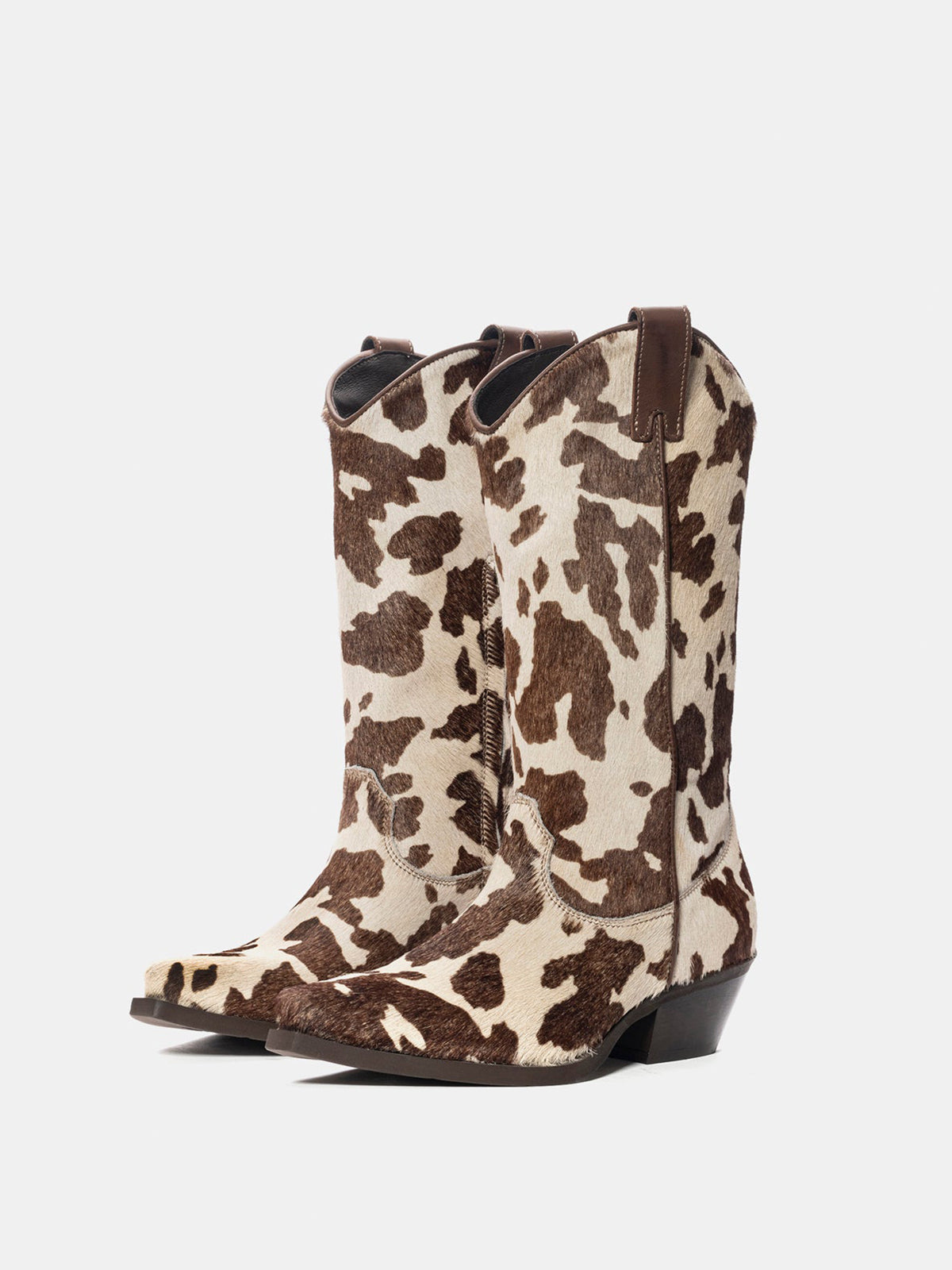 Brown Cow Print Pony Hair Snip-Toe Simple Half-Zip Mid Calf Cowgirl Boots