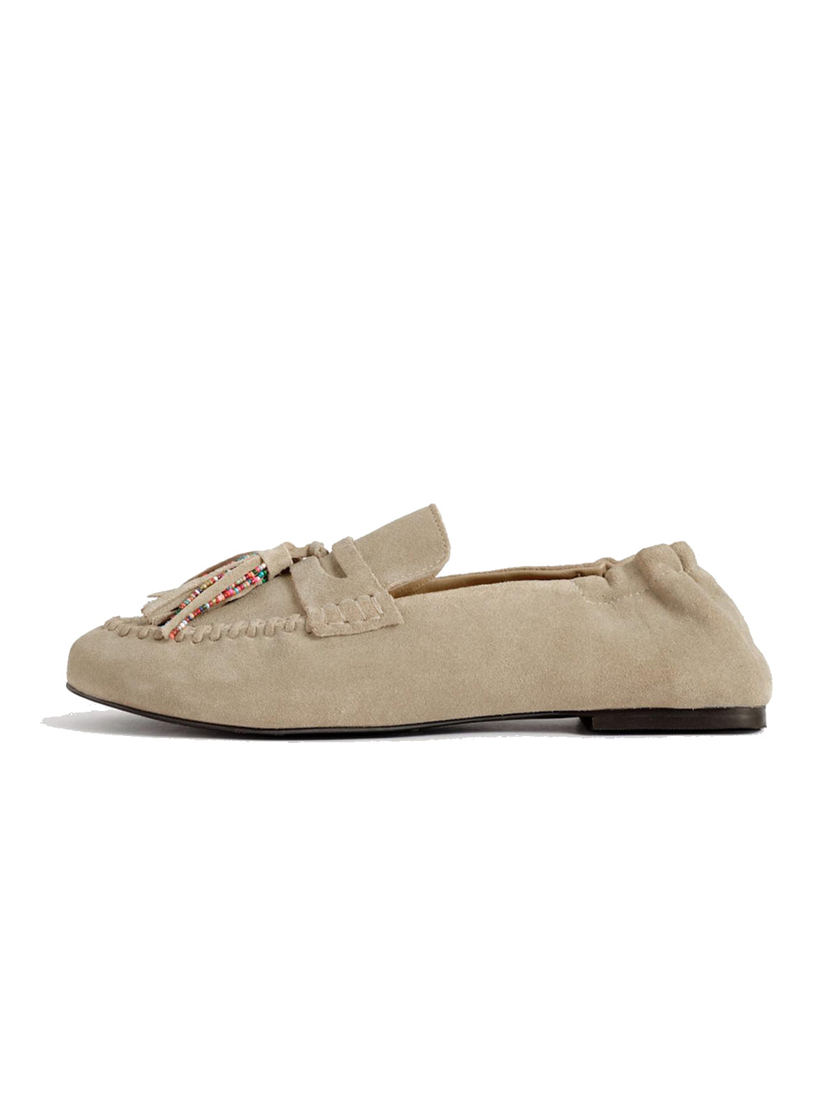 Taupe Cow Suede Round-Toe Front Fringe Chic Loafers Slip-On Flats