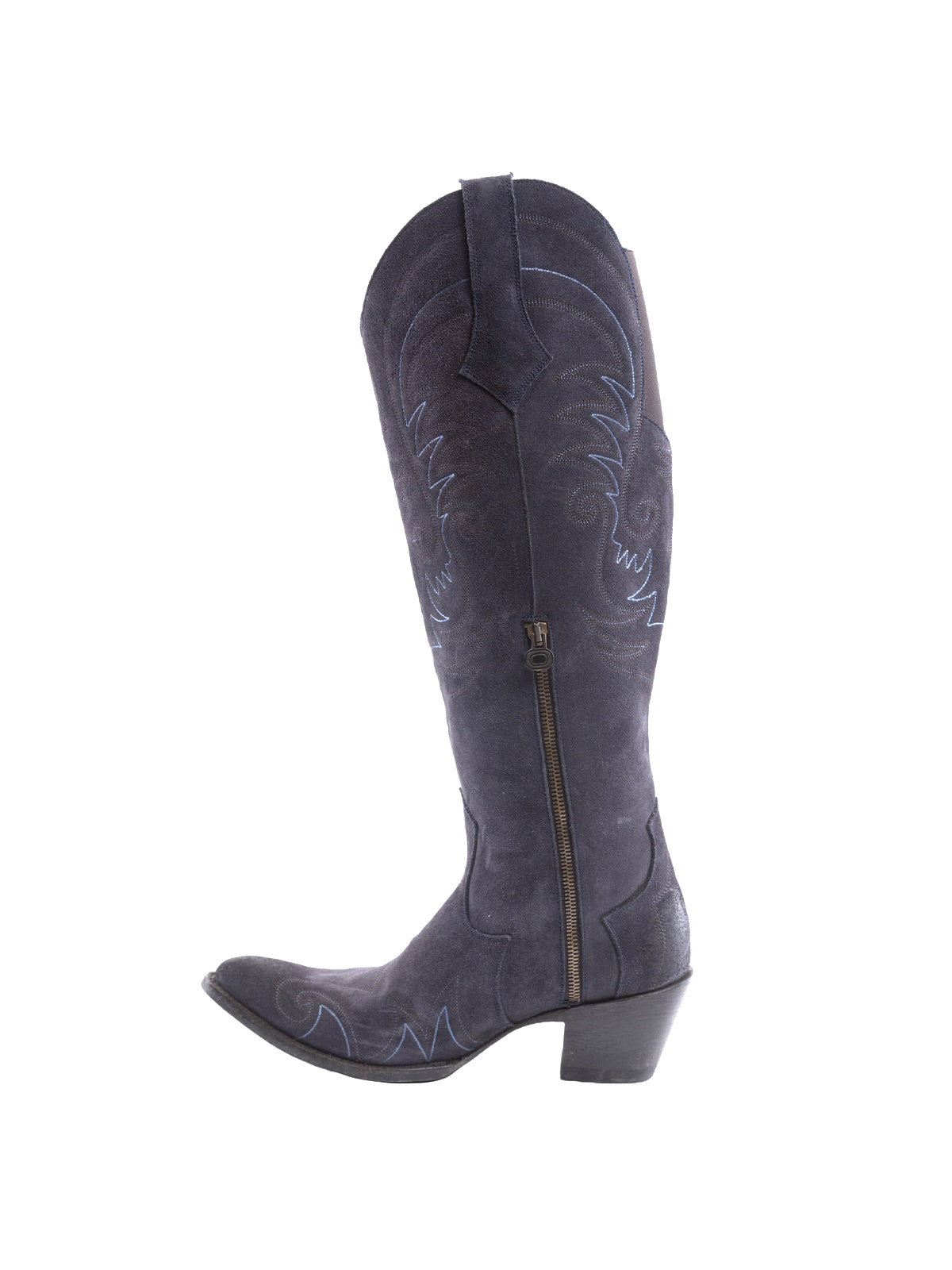 Side-Zip Pointed-Toe Chic Embroidery Wide Calf Knee High Cowgirl Boots - Navy