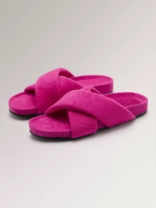Fuchsia Plush Fabric Square-Toe Crossed Straps Backless Flats