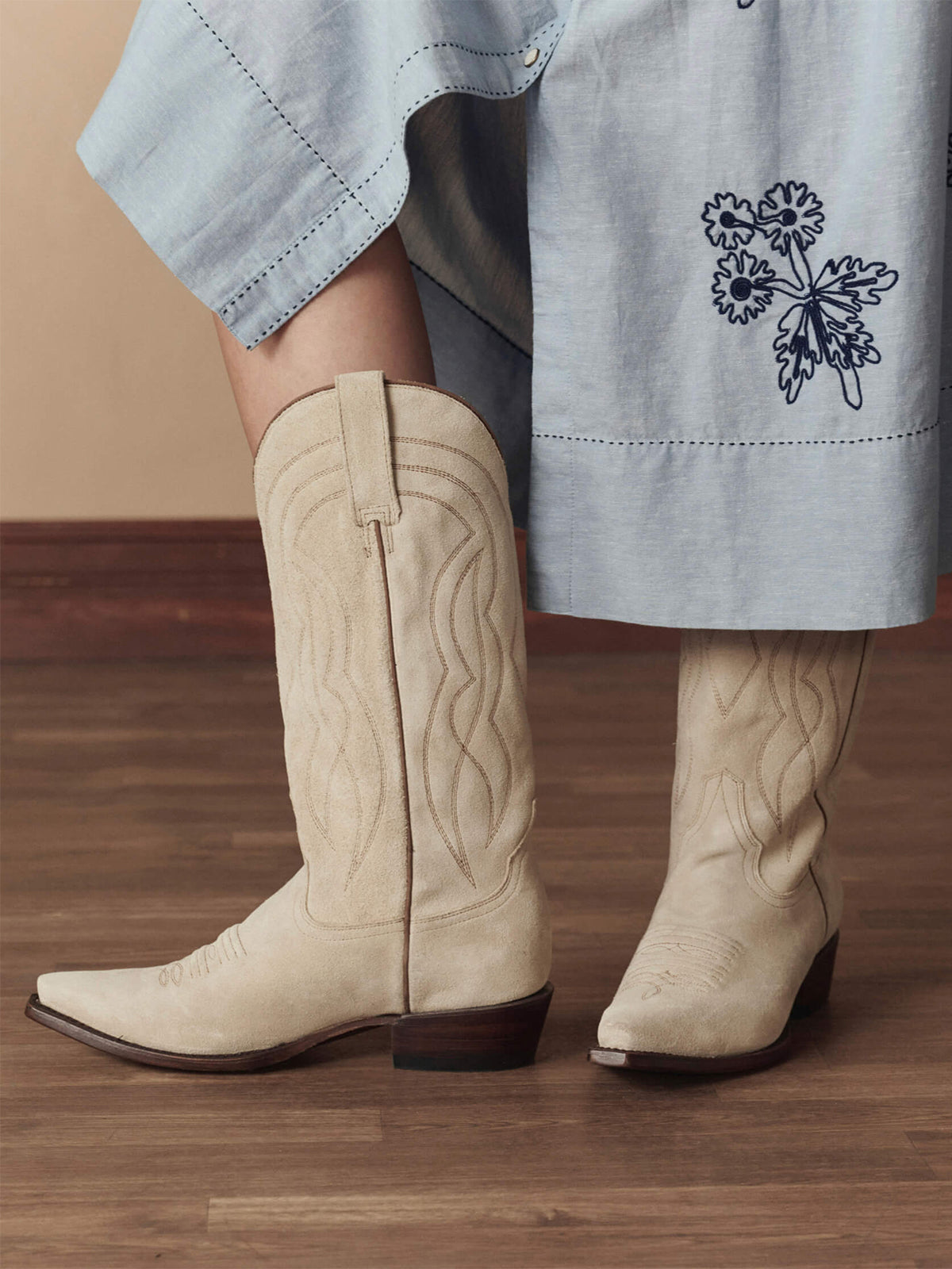 Beige Faux Suede Snip-Toe Classic Stitch Mid Calf Cowgirl Boots