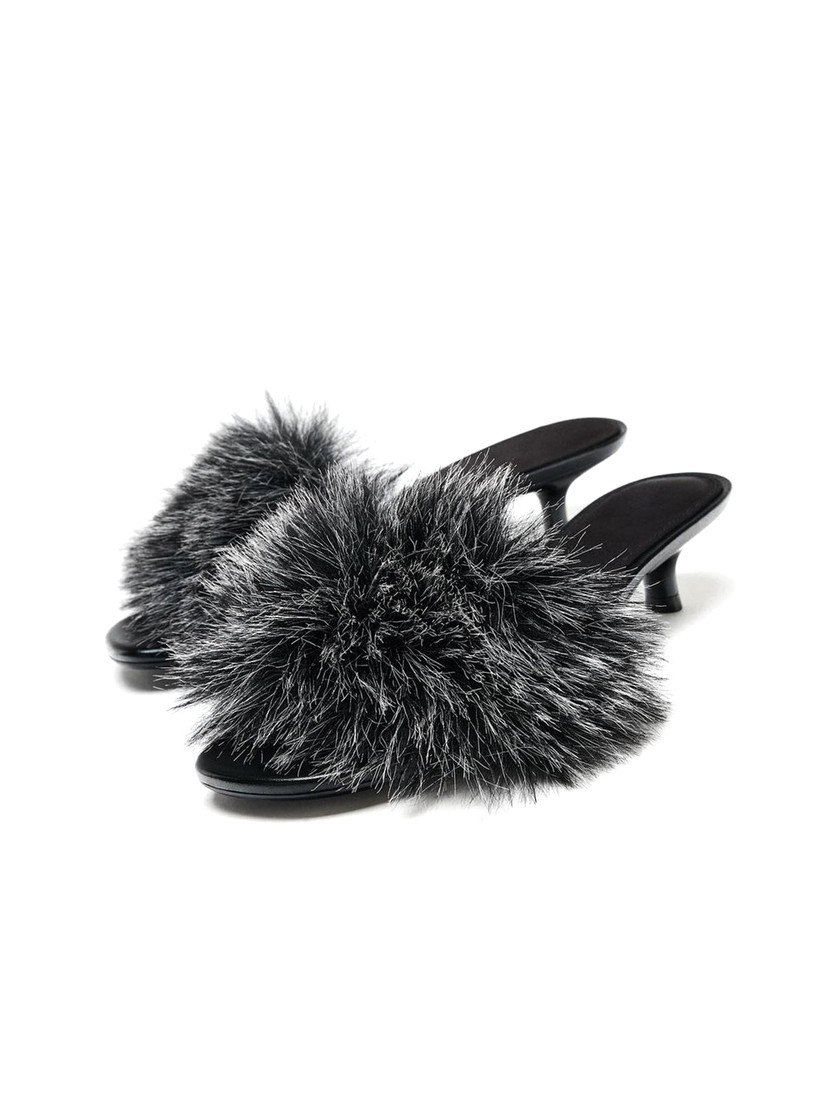 Black Round-Toe Front Plush Backless Kitten Heels