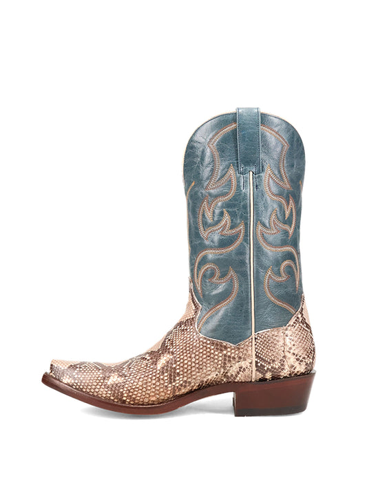 Contrast Turquoise And Snakeskin Print Snip-Toe Embroidery Mid Calf Cowgirl Boots