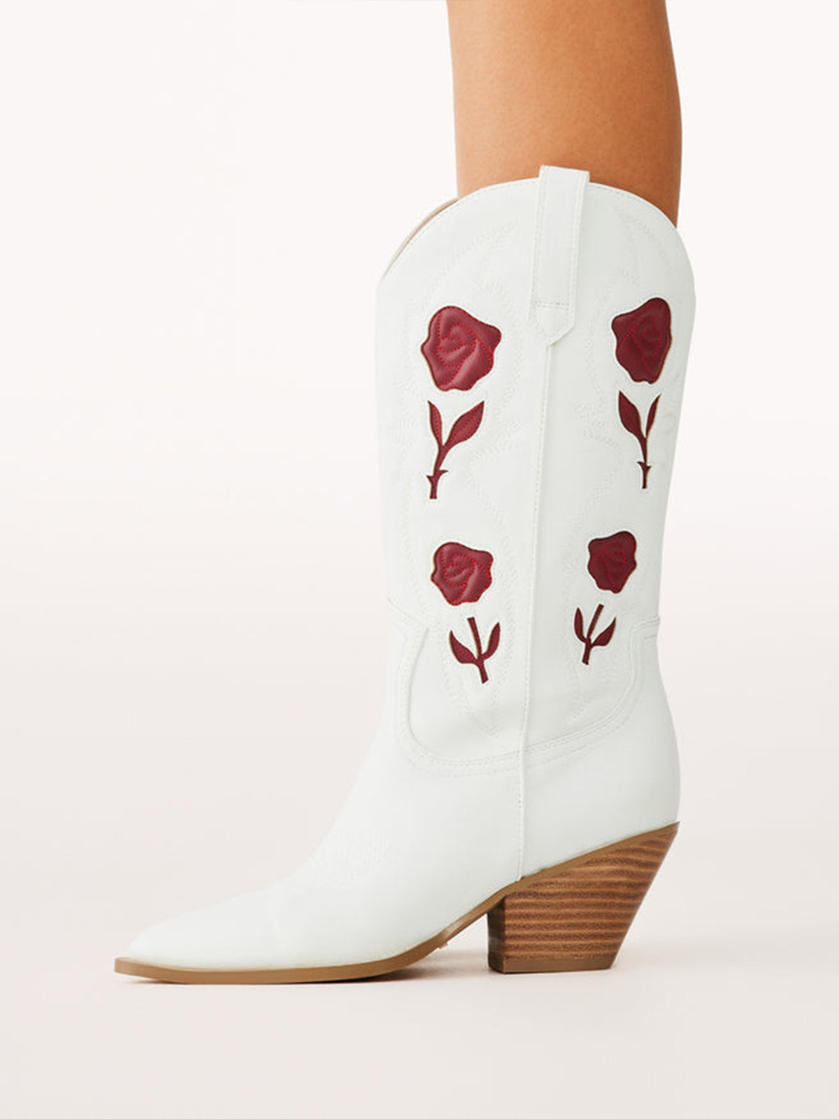 White Almond-Toe Red Rose Inlay Mid Calf Cowgirl Boots