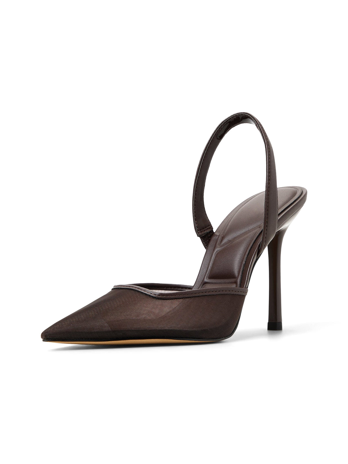 Dark Brown Mesh Pointed-Toe Slip-On Slingback High Heels
