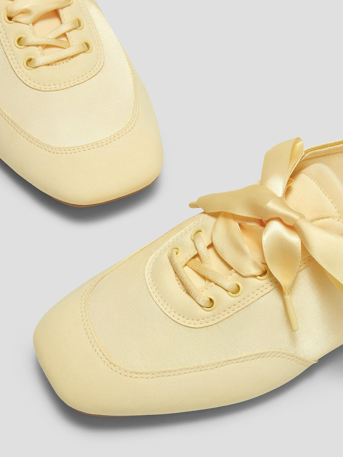 Yellow Satin And Faux Suede Square-Toe Floral Embroidery Lace-Up Flats