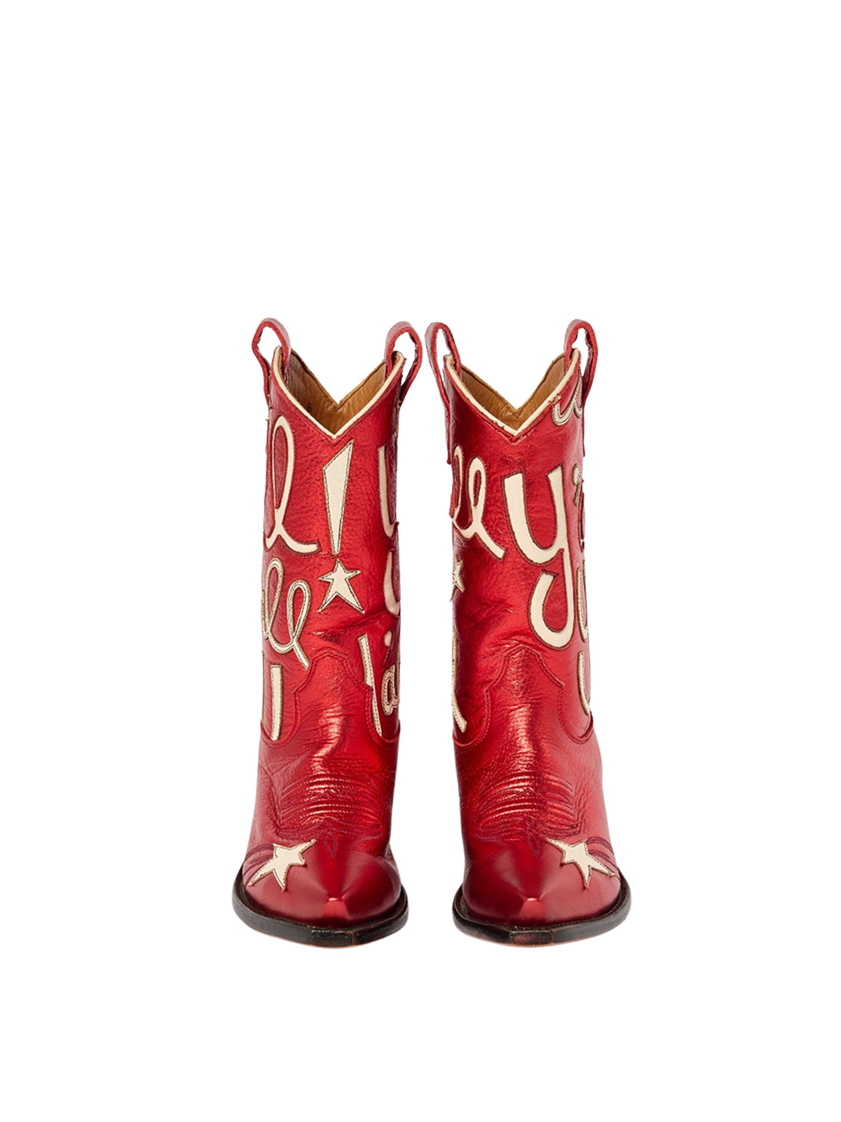 Metallic Red Snip-Toe Star And Letters Inlay Applique Mid Calf Cowgirl Boots
