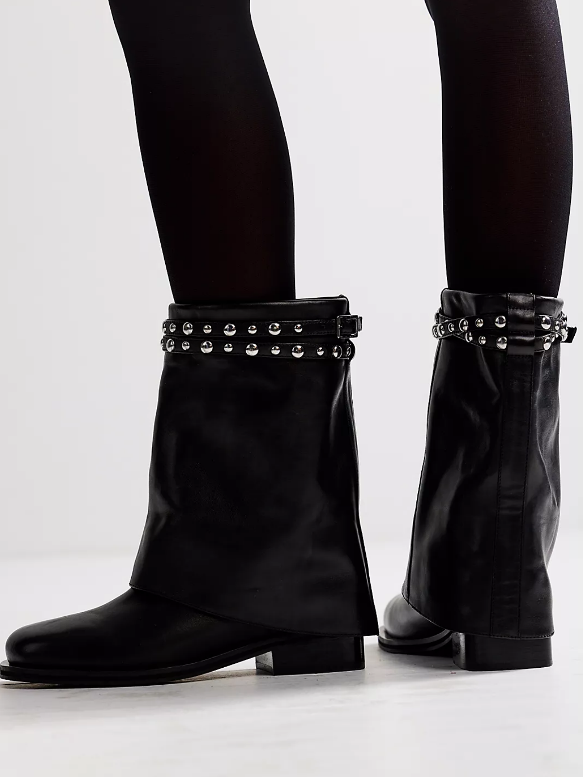 Black Round Square-Toe Fold-Over Wide Mid Calf Cowgirl Boots With Studded Straps