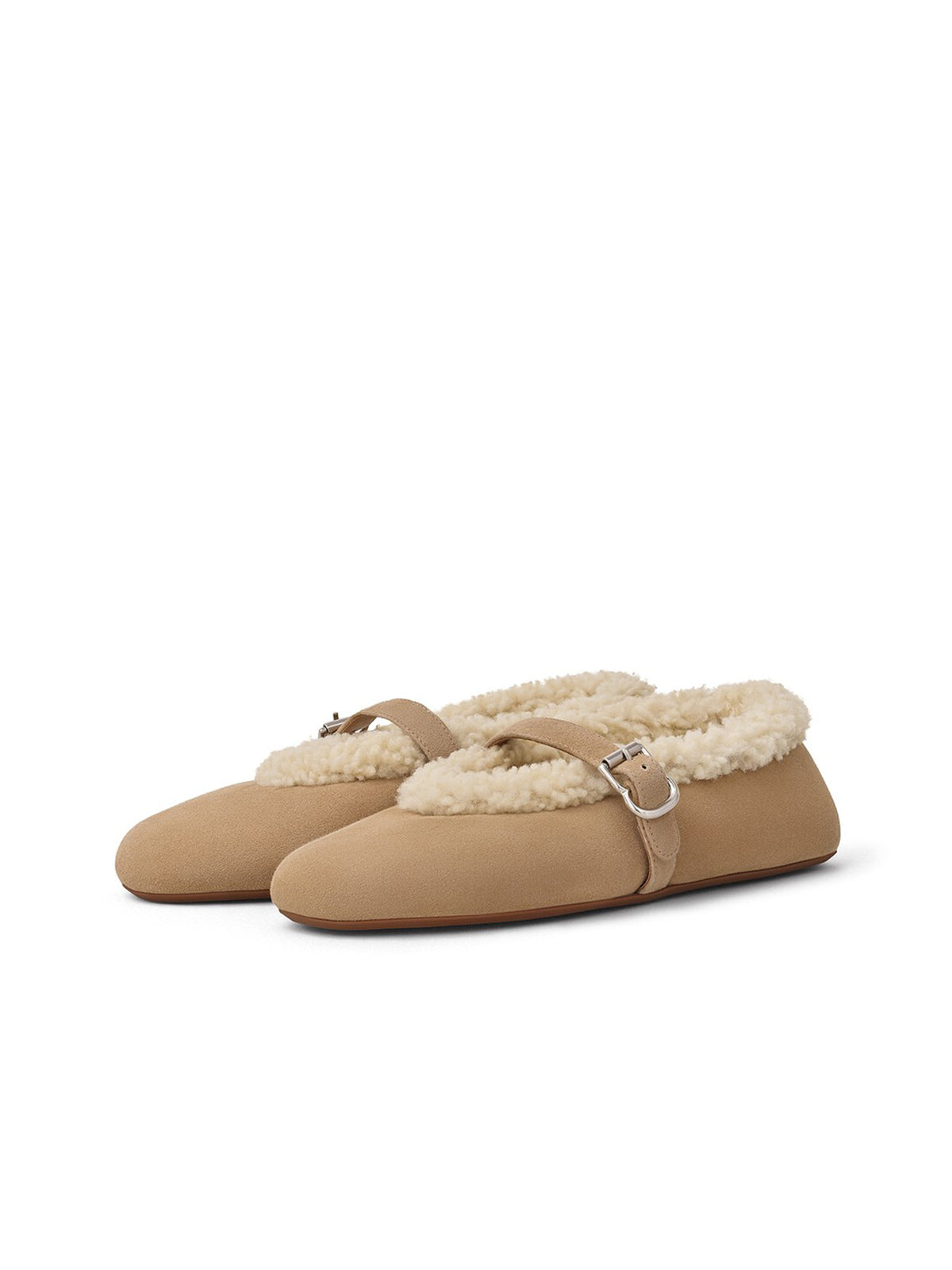 Light Brown Faux Suede Round-Toe Mary Jane Ballet Flats With Plush