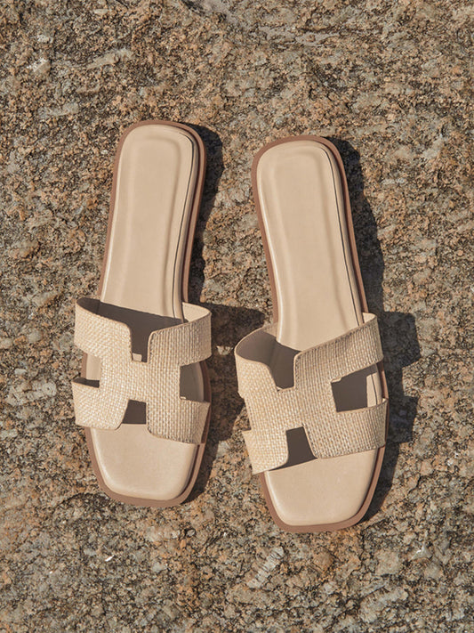 Nude Straw Plaited Open Square-Toe Slip-On Simple Sandals Flats