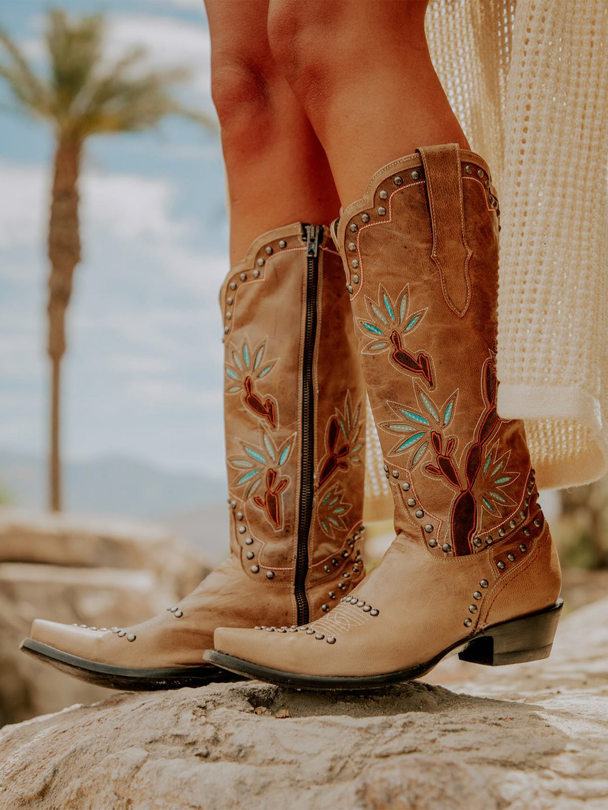 Tan Snip-Toe Cactus Inlay Studded Full-Zip Knee High Cowgirl Boots