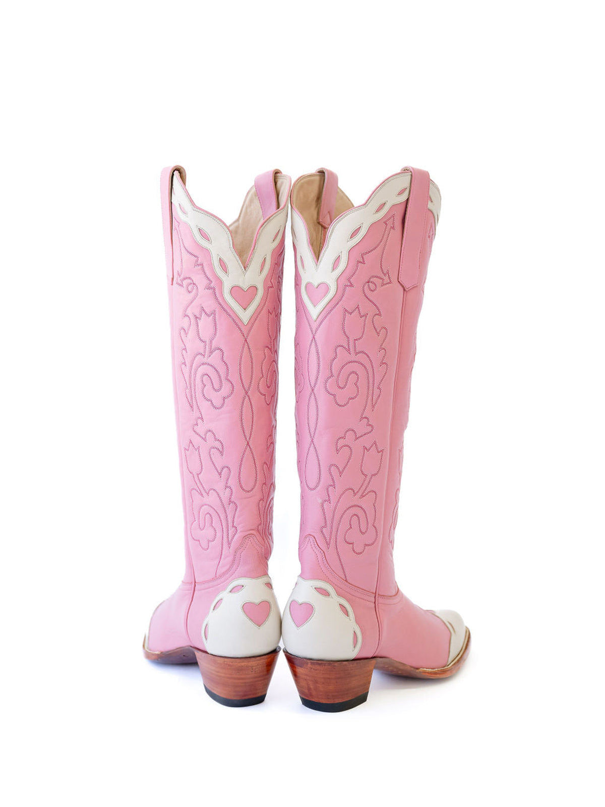 Contrast Pink And Ivory Almond-Toe Embroidery Hearts Inlay Wide Calf Knee High Cowgirl Boots