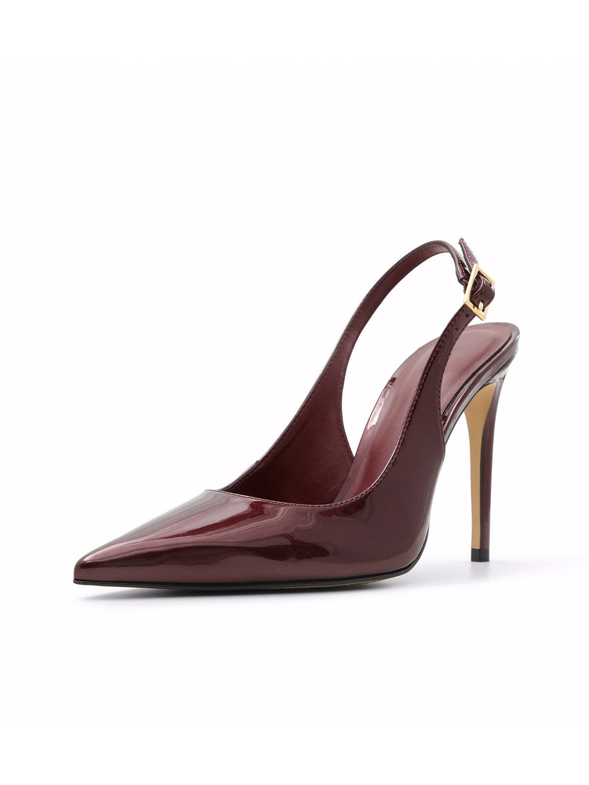 Patent Burgundy Pointed-Toe Classic Buckle Slingback High Heels