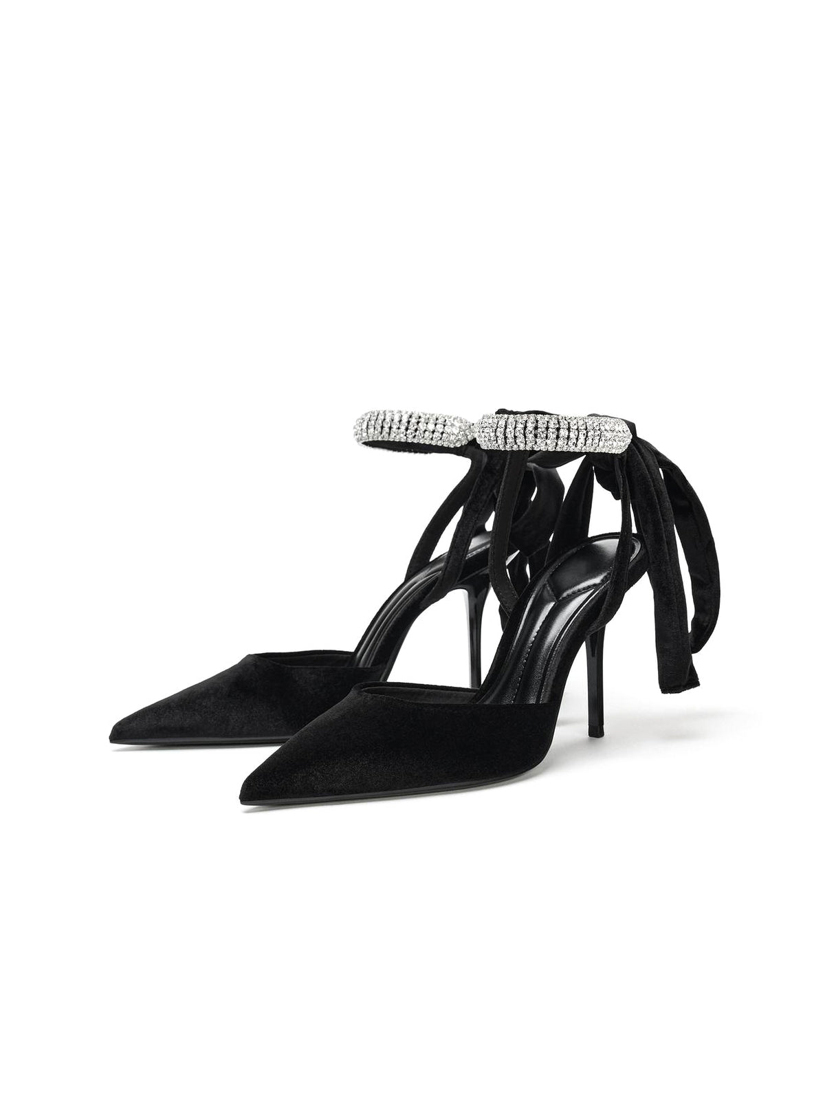 Black Velvet Pointed-Toe Slingback Rhinestone Ankle Strap With Bow High Heels