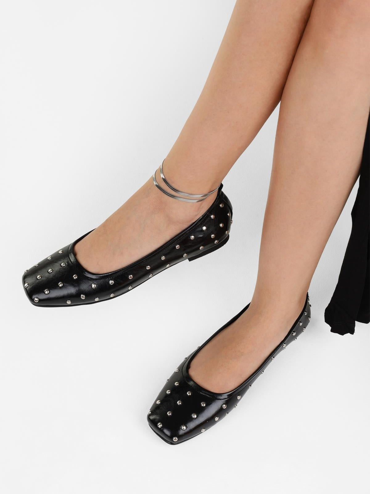 Black Square-Toe Tiny Studs Slip-On Flats