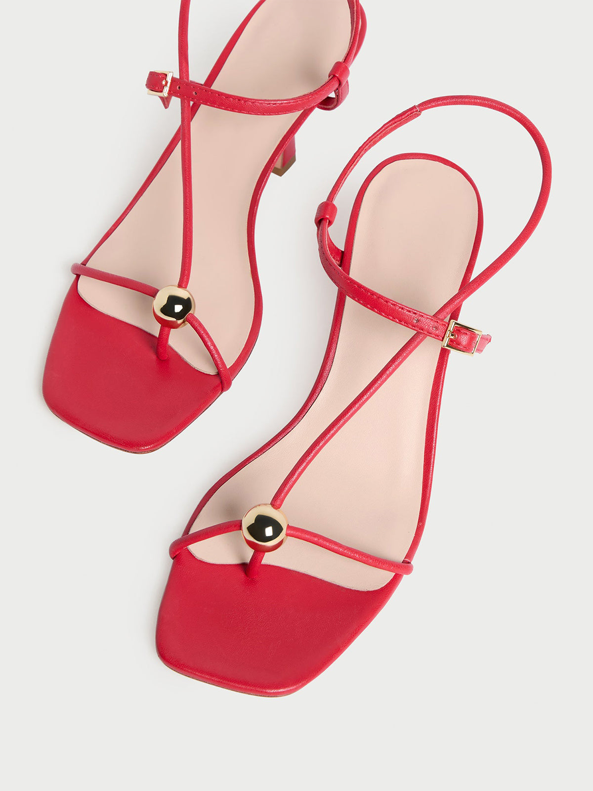 Red Square-Toe Buckle Strappy Kitten Heels With One Silver Ball
